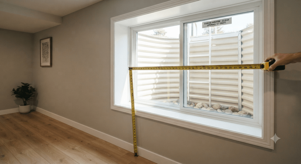  basement egress window installed in a finished room, showing the window well outside, natural daylight, and a tape measure beside the frame to illustrate required dimensions