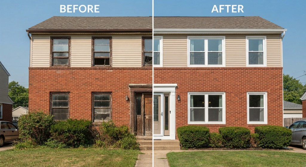 How Window Replacement Increases Home Value American home exterior split in two halves showing old deteriorating windows on the left and new white vinyl double-pane windows on the right, bright daylight, wide-angle street-level shot.