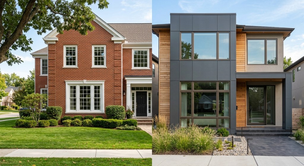 two adjacent home facades, one colonial-style with double-hung windows and one modern home with large casement windows, bright afternoon sunlight, wide-angle lens. 